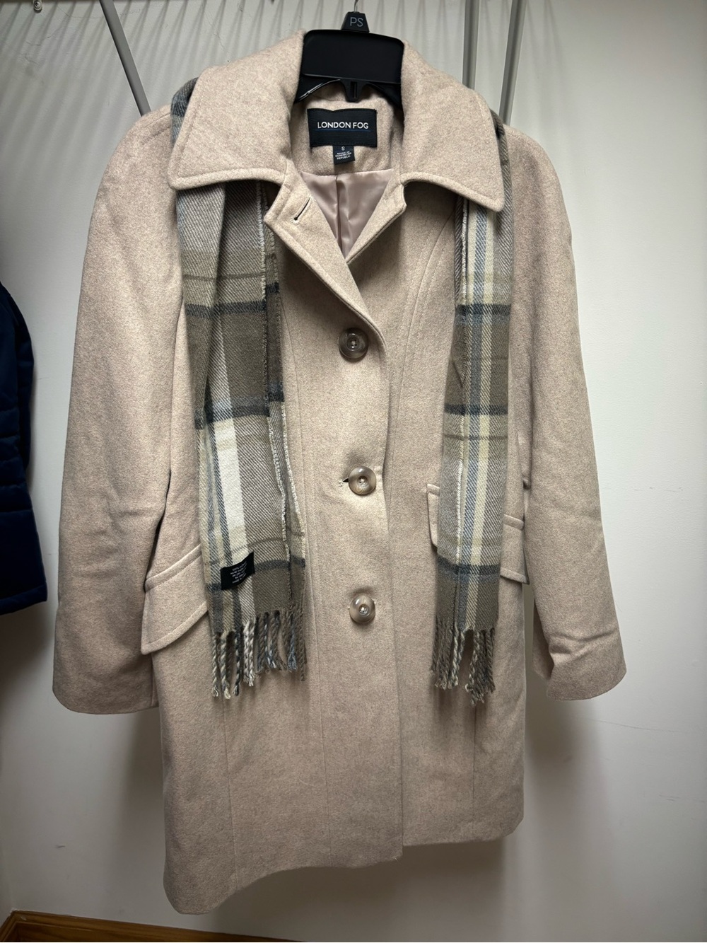 London Fog Cream Coat with Plaid Scarf